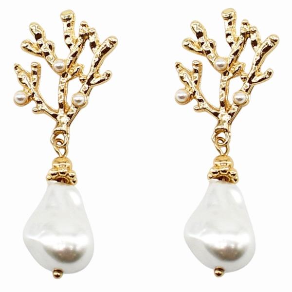METAL BRANCH FAUX PEARL ACCENT DROP IRREGULAR PEARL DANGLE EARRINGS