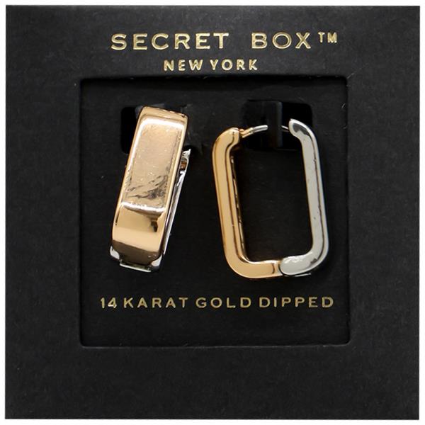 SECRET BOX 14K GOLD DIPPED TWO TONE RECTANGLE HOOP EARRINGS