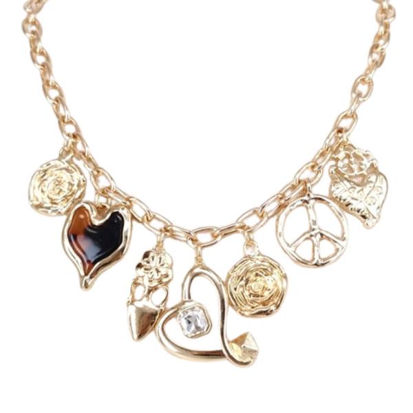 TORTOISE METAL HEART MULTI CHARM NECKLACE