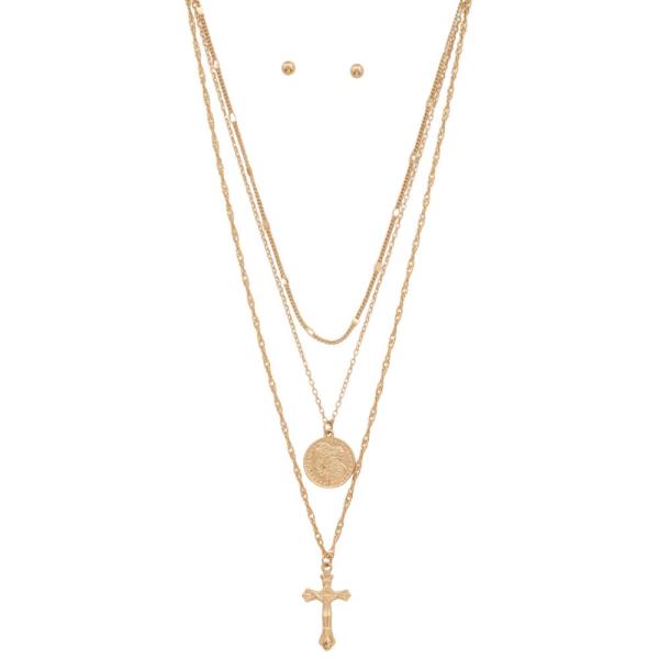 CROSS CHARM MEDALLION LAYERED METAL NECKLACE