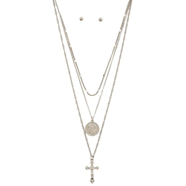 CROSS CHARM MEDALLION LAYERED METAL NECKLACE
