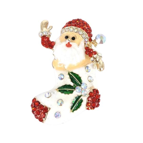 SANTA CLAUS STOCKING RHINESTONE BROOCH