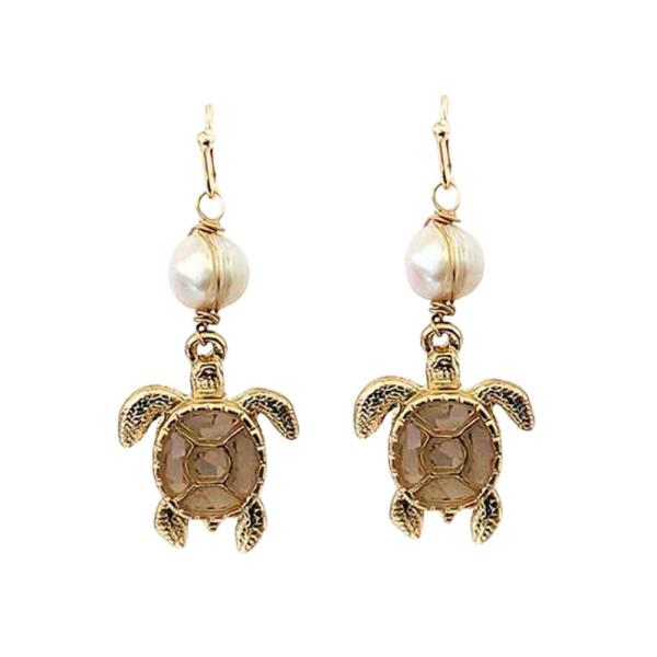 PEARL BEAD SEA TURTLE DANGLE EARRING