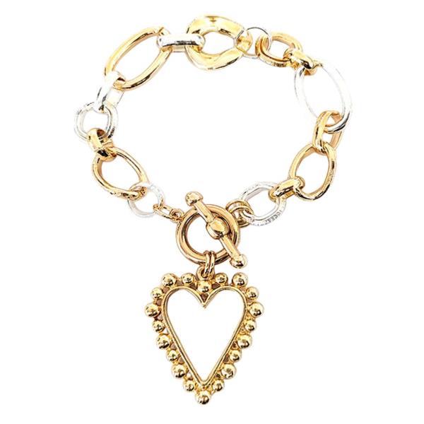 TWO TONE HEART SHAPE OVAL LINK TOGGLE CLASP BRACELET