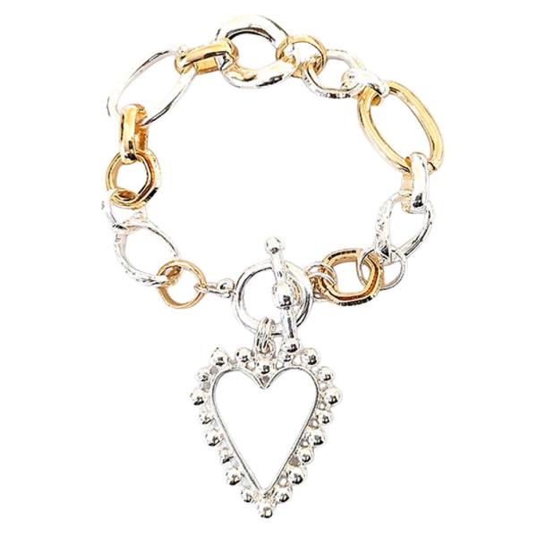 TWO TONE HEART SHAPE OVAL LINK TOGGLE CLASP BRACELET