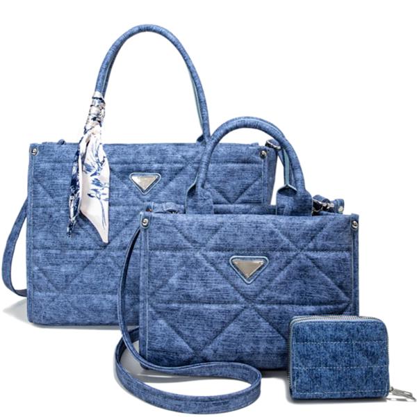 3IN1 TRIANGULAR QUILTED DESIGN SCARF HANDLE SATCHEL W MATCHING BAG AND WALLET SET