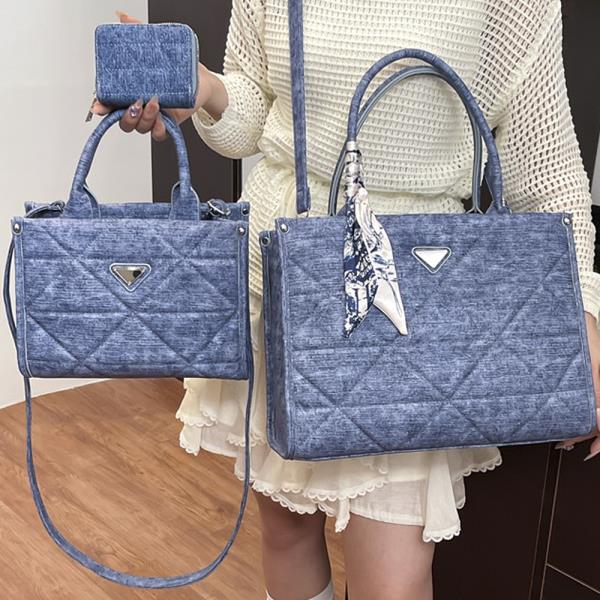 3IN1 TRIANGULAR QUILTED DESIGN SCARF HANDLE SATCHEL W MATCHING BAG AND WALLET SET