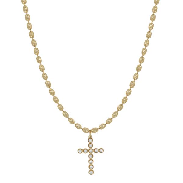 16" TEXTURED OVAL CHAIN WITH CROSS PEARL PENDANT SHORT NECKLACE
