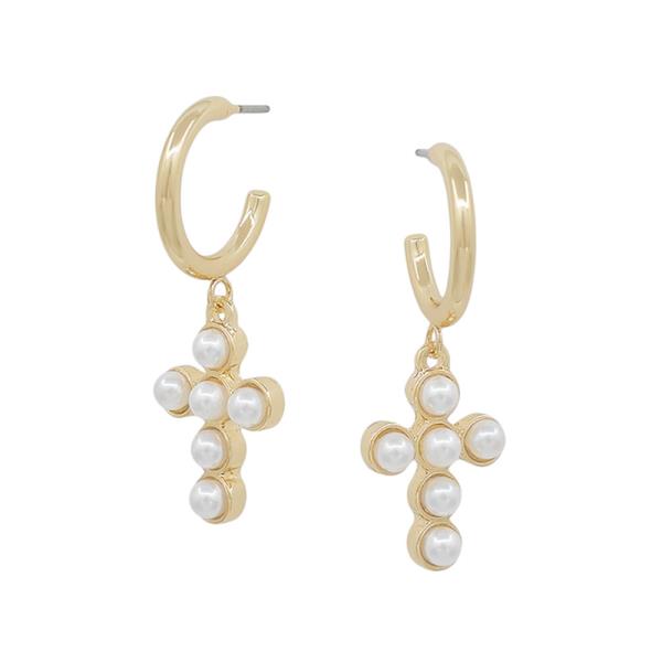 SMALL HOOP PEARL CROSS EARRINGS