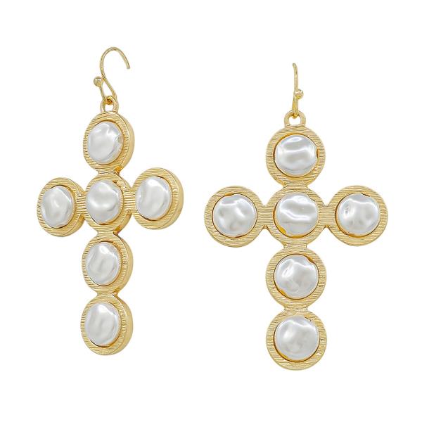 ROUND PEARL CROSS SHAPE TEXTURED METAL EARRINGS