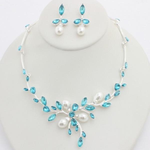 PEARL BEAD RHINESTONE LEAF PATTERN NECKLACE