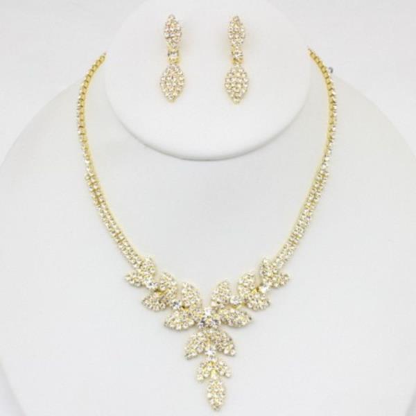 LEAF PATTERN RHINESTONE METAL NECKLACE