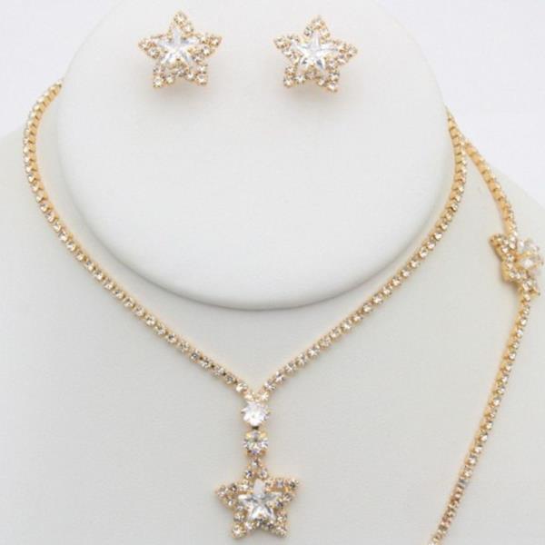 STAR CHARM RHINESTONE METAL BRACELET NECKLACE SET