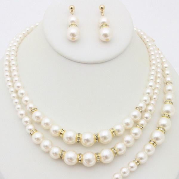 PEARL BEAD RHINESTONE DISC BRACELET NECKLACE SET