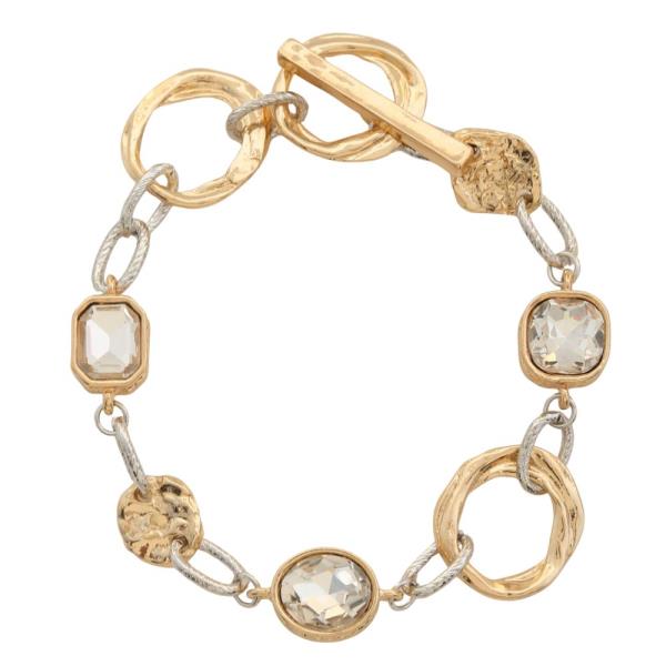 TWO TONE HAMMERED METAL CRYSTAL TOGGLE CLASP LINK BRACELET