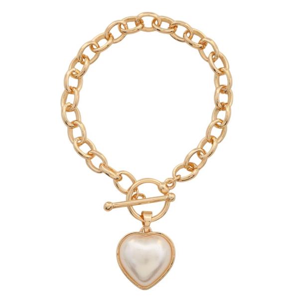 PUFFY HEART PEARL BEAD CIRCLE LINK TOGGLE CLASP BRACELET