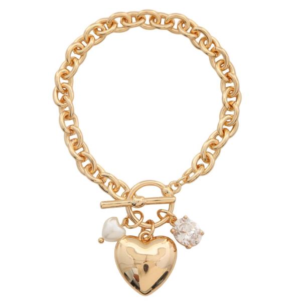 PUFFY HEART METAL CHARM TOGGLE CLASP BRACELET