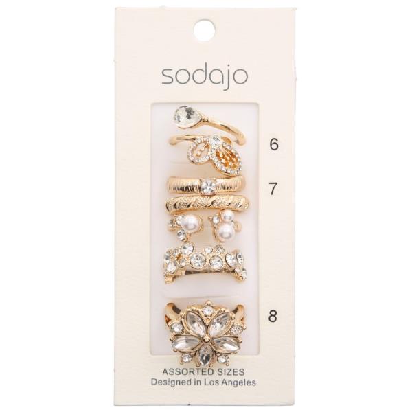 SODAJO FLOWER PEARL BEAD RHINESTONE METAL ASSORTED RING SET