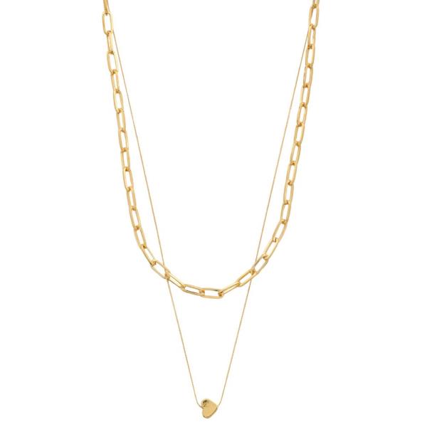 SODAJO DAINTY HEART CHARM METAL LAYERED OVAL LINK GOLD DIPPED NECKLACE