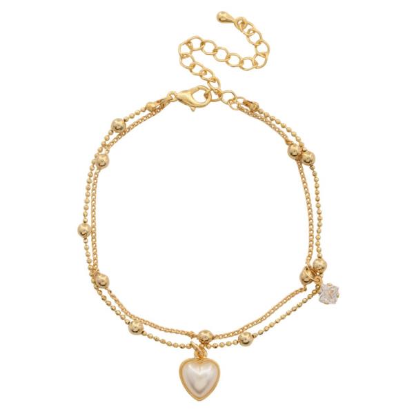 SODAJO PEARL HEART CHARM LAYERED BALL BEAD LINK GOLD DIPPED BRACELET