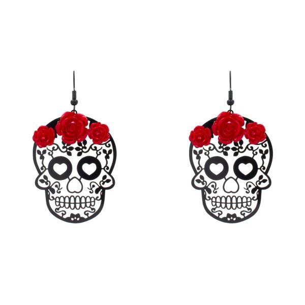 HALLOWEEN DIA DE MUERTO SKULL ROSE DANGLE EARRING
