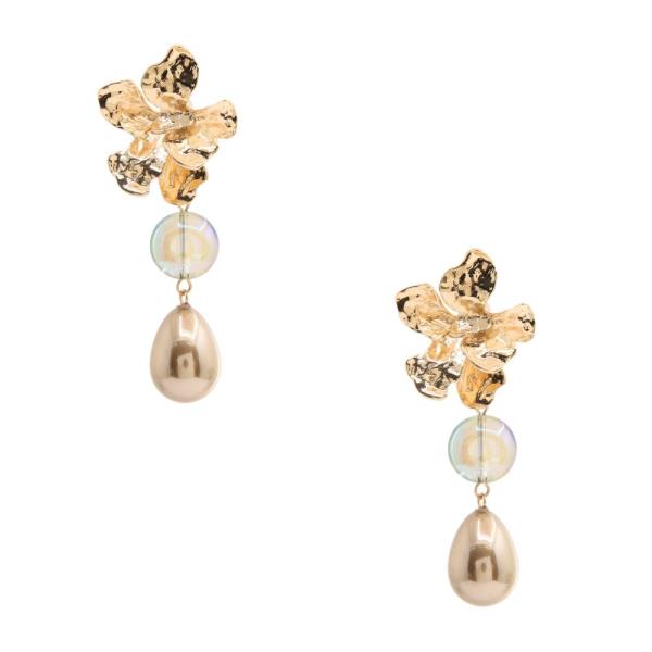 METAL FLOWER TEARDROP BEAD DANGLE EARRING