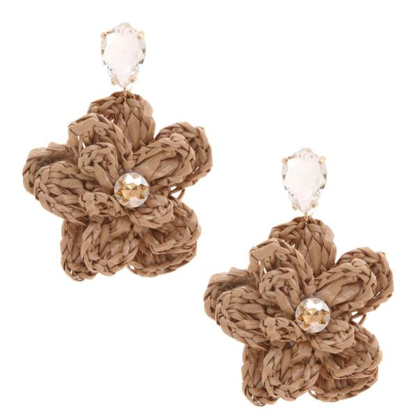 RAFFIA FLOWER CRYSTAL CENTER TEARDROP EARRING