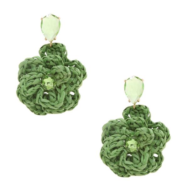 RAFFIA FLOWER CRYSTAL CENTER TEARDROP EARRING