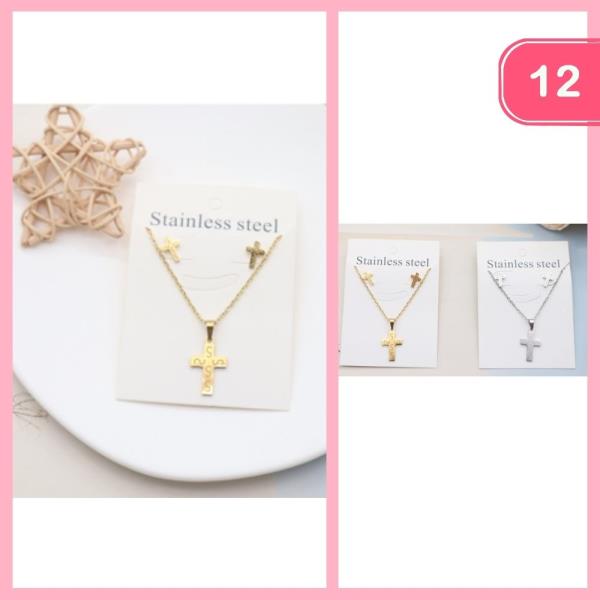 STAINLESS STEEL CROSS PENDANT NECKLACE WITH EARRING SET (12 UNITS)