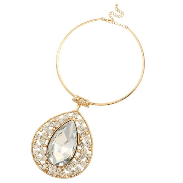 WIDE TEARDROP RHINESTONE PENDANT METAL NECKLACE