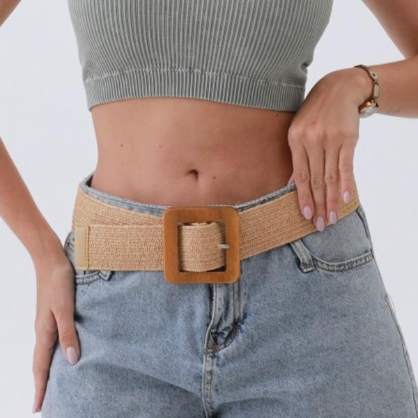 RAFFIA SOLID COLOR BELT WITH WOODEN BUCKLE
