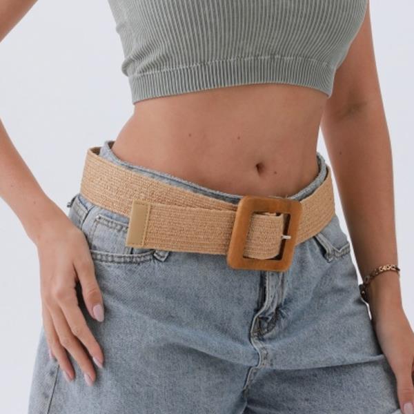 RAFFIA SOLID COLOR BELT WITH WOODEN BUCKLE