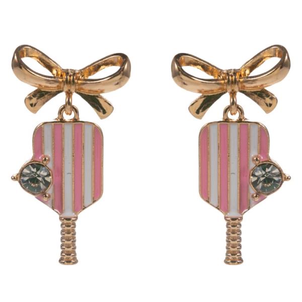 RIBBON BOW PICKLEBALL PADDLE DANGLE EARRING