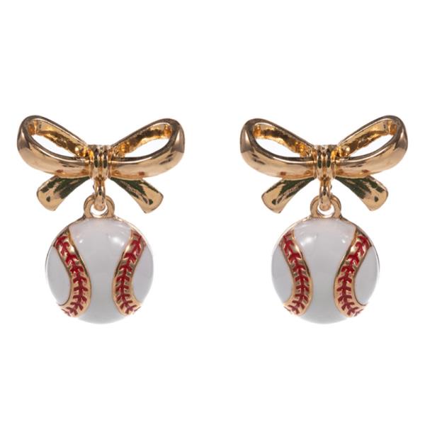 RIBBON BOW ACCENT BASEBALL DANGLE EARRING