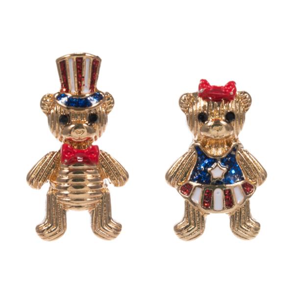 RED WHITE BLUE US FLAG BEARS STUD EARRING