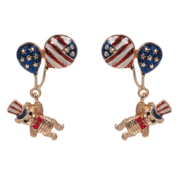 RED WHITE BLUE USA FLAG BALLOONS HOLDING BEAR EARRING