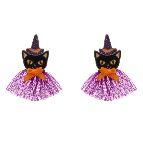 HALLOWEEN CUTE CAT WITCH HAT RIBBON BOW TUTU EARRING