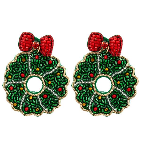 SEED BEAD CHRISTMAS WREATH EARRING