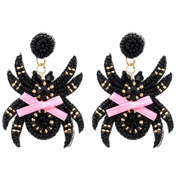 SEED BEAD SPIDER WITH BOW HALLOWEEN EARRING