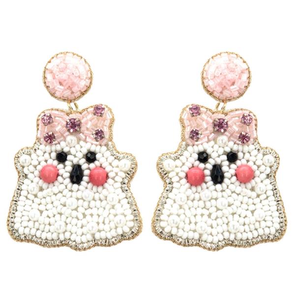 SEED BEAD GHOST WITH BOW HALLOWEEN EARRING