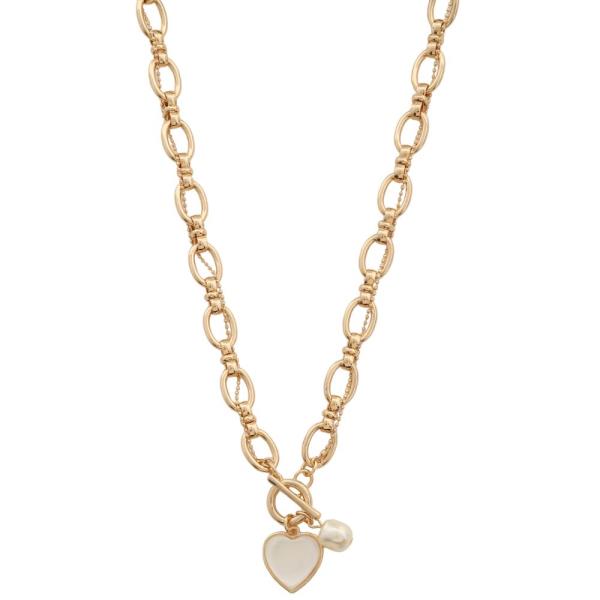 PEARL HEART CHARM OVAL LINK TOGGLE CLASP NECKLACE