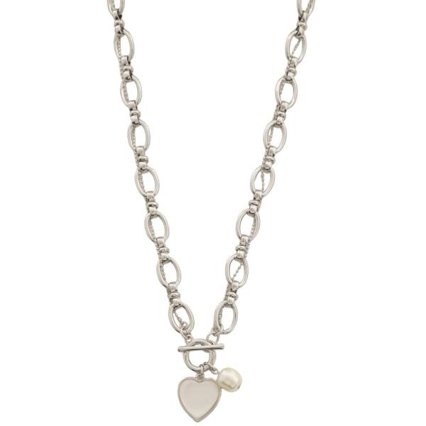 PEARL HEART CHARM OVAL LINK TOGGLE CLASP NECKLACE