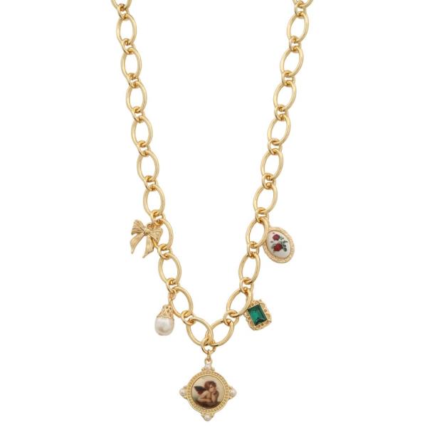 ANGEL CHARM CRYSTAL PEARL BEAD OVAL LINK NECKLACE