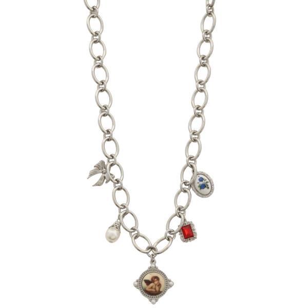 ANGEL CHARM CRYSTAL PEARL BEAD OVAL LINK NECKLACE