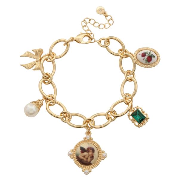 ANGEL CHARM CRYSTAL PEARL BEAD OVAL LINK BRACELET