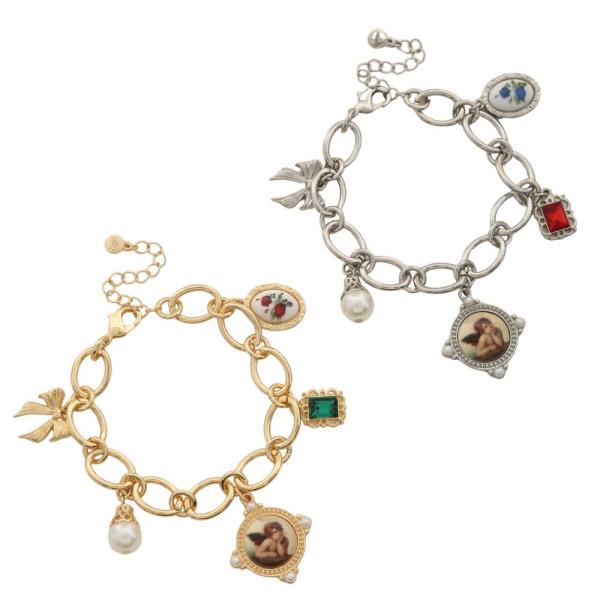 ANGEL CHARM CRYSTAL PEARL BEAD OVAL LINK BRACELET