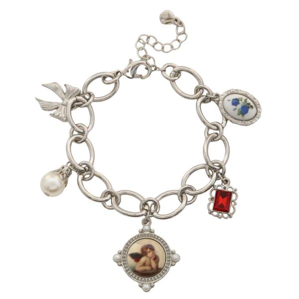ANGEL CHARM CRYSTAL PEARL BEAD OVAL LINK BRACELET