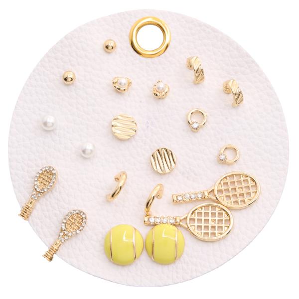 TENNIS BALL AND RACKET ENAMEL CRYSTAL STUD TEXTURED GOLD HOOP EARRING SET