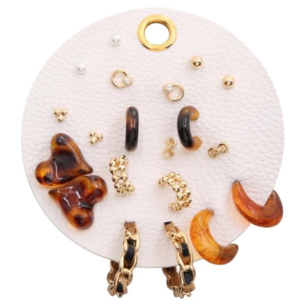 GOLD TEXTURED MINI HOOP CHUNKY TWISTED BEAD ACCENT TORTOISE HEART DROP EARRING SET