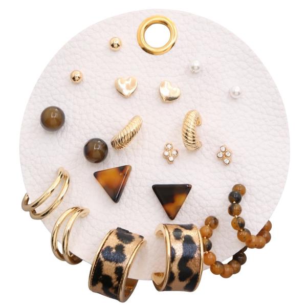 LEOPARD TEXTURED WIDE HOOP TRIANGLE STUD TORTOISE AND GOLD MIXED EARRING SET